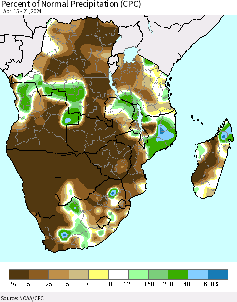 Southern Africa Percent of Normal Precipitation (CPC) Thematic Map For 4/15/2024 - 4/21/2024