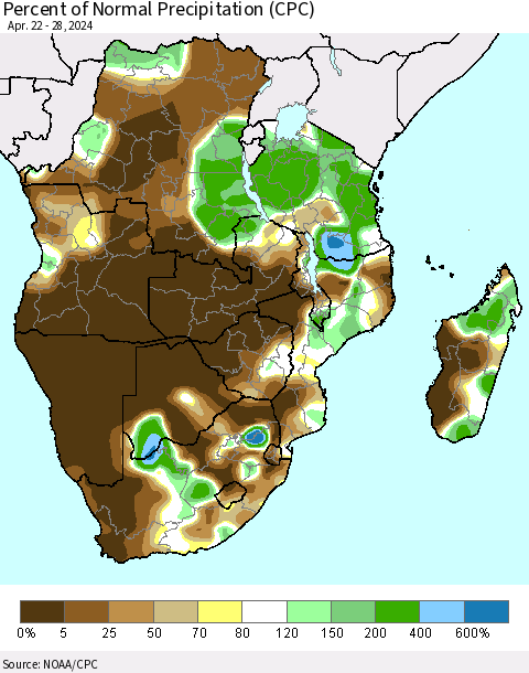 Southern Africa Percent of Normal Precipitation (CPC) Thematic Map For 4/22/2024 - 4/28/2024