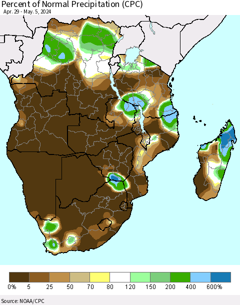 Southern Africa Percent of Normal Precipitation (CPC) Thematic Map For 4/29/2024 - 5/5/2024