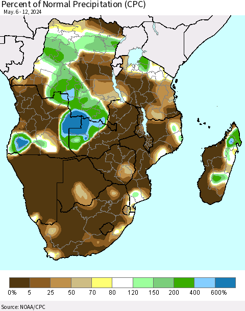Southern Africa Percent of Normal Precipitation (CPC) Thematic Map For 5/6/2024 - 5/12/2024
