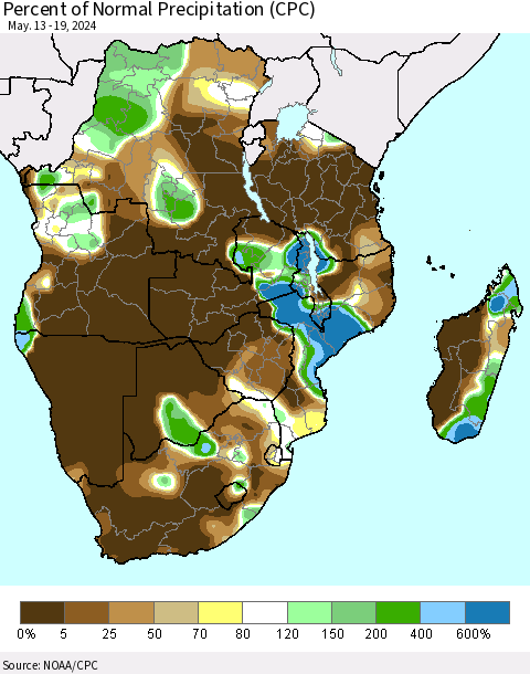 Southern Africa Percent of Normal Precipitation (CPC) Thematic Map For 5/13/2024 - 5/19/2024