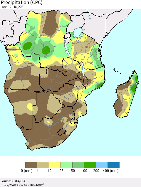 Southern Africa Precipitation (CPC) Thematic Map For 4/12/2021 - 4/18/2021