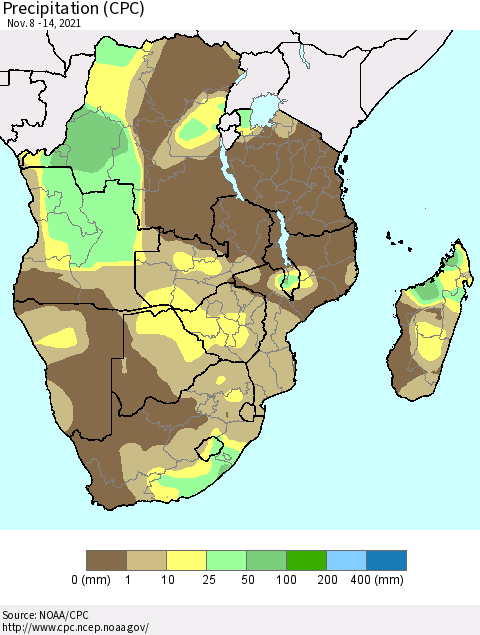 Southern Africa Precipitation (CPC) Thematic Map For 11/8/2021 - 11/14/2021