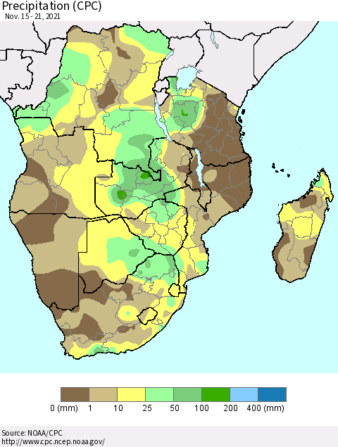 Southern Africa Precipitation (CPC) Thematic Map For 11/15/2021 - 11/21/2021