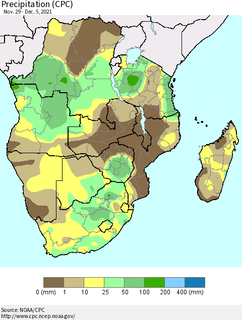 Southern Africa Precipitation (CPC) Thematic Map For 11/29/2021 - 12/5/2021