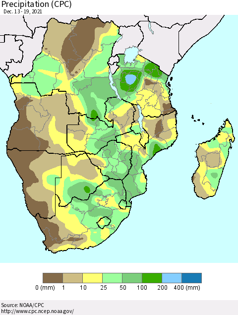 Southern Africa Precipitation (CPC) Thematic Map For 12/13/2021 - 12/19/2021