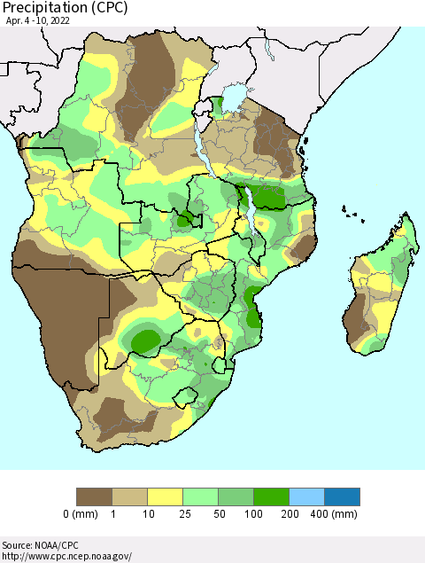 Southern Africa Precipitation (CPC) Thematic Map For 4/4/2022 - 4/10/2022