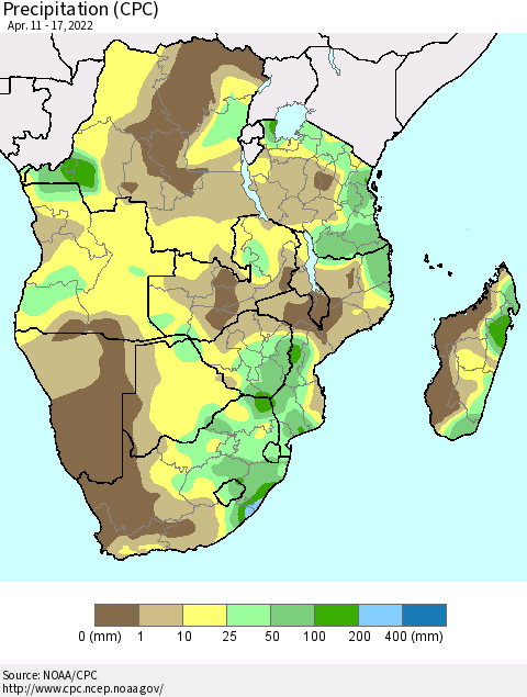 Southern Africa Precipitation (CPC) Thematic Map For 4/11/2022 - 4/17/2022