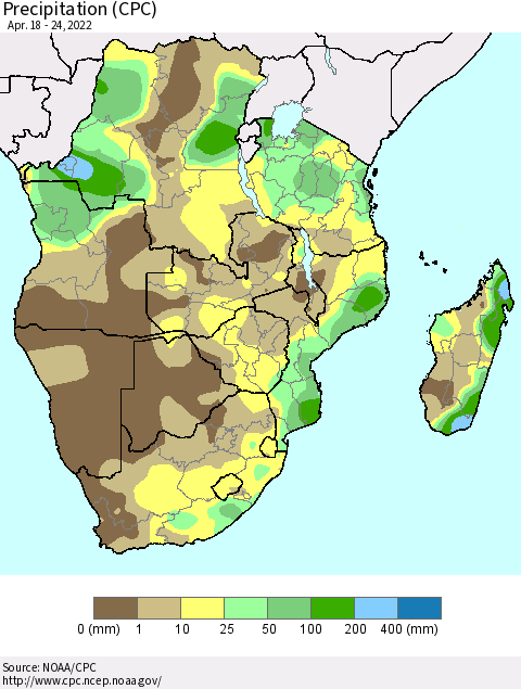 Southern Africa Precipitation (CPC) Thematic Map For 4/18/2022 - 4/24/2022