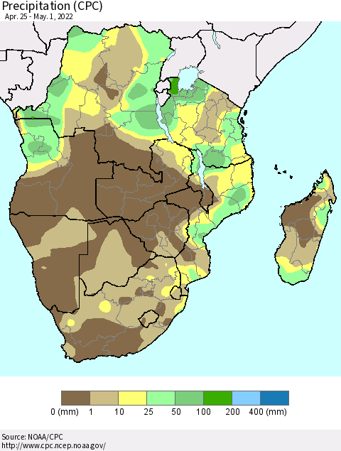 Southern Africa Precipitation (CPC) Thematic Map For 4/25/2022 - 5/1/2022