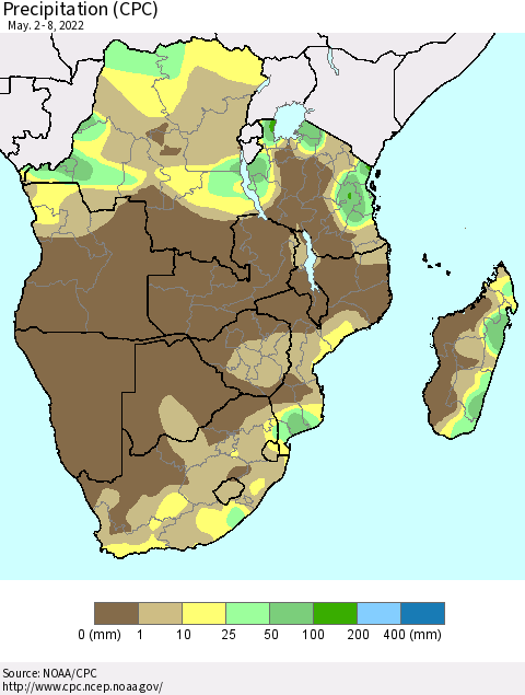 Southern Africa Precipitation (CPC) Thematic Map For 5/2/2022 - 5/8/2022