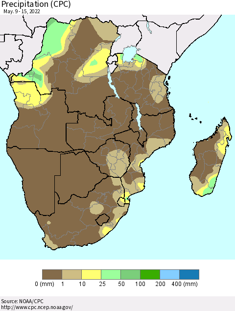 Southern Africa Precipitation (CPC) Thematic Map For 5/9/2022 - 5/15/2022