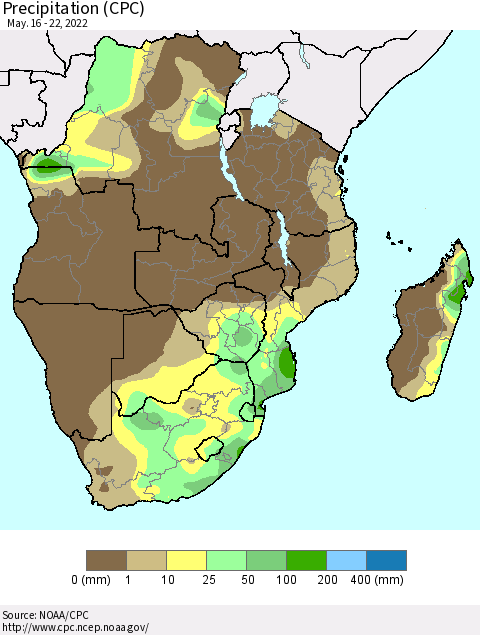 Southern Africa Precipitation (CPC) Thematic Map For 5/16/2022 - 5/22/2022