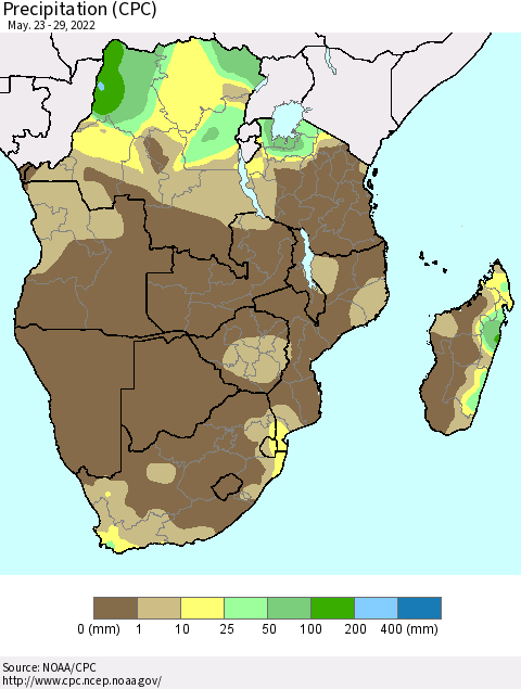 Southern Africa Precipitation (CPC) Thematic Map For 5/23/2022 - 5/29/2022