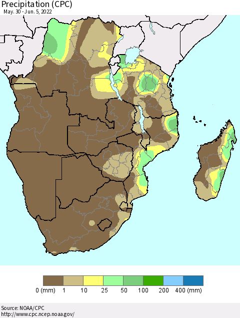 Southern Africa Precipitation (CPC) Thematic Map For 5/30/2022 - 6/5/2022