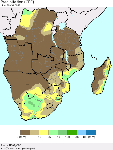 Southern Africa Precipitation (CPC) Thematic Map For 6/20/2022 - 6/26/2022
