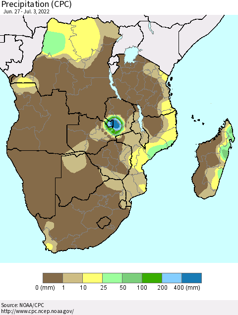 Southern Africa Precipitation (CPC) Thematic Map For 6/27/2022 - 7/3/2022