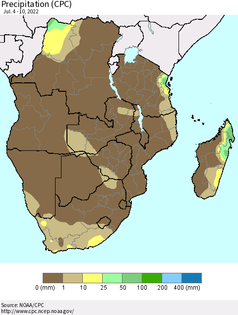 Southern Africa Precipitation (CPC) Thematic Map For 7/4/2022 - 7/10/2022