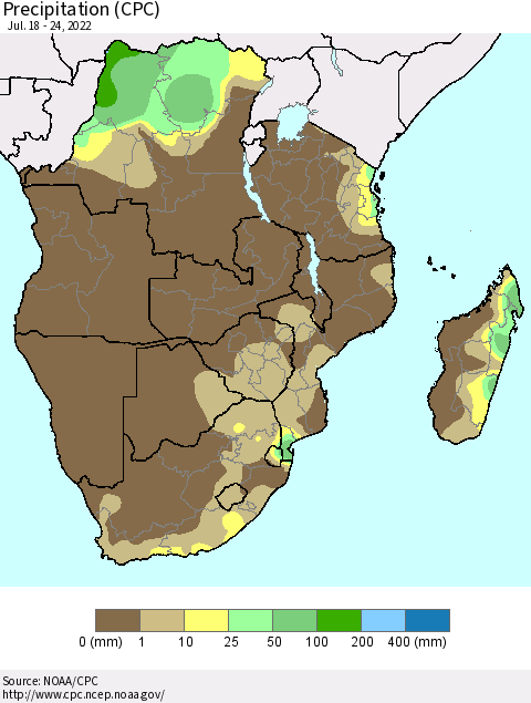 Southern Africa Precipitation (CPC) Thematic Map For 7/18/2022 - 7/24/2022