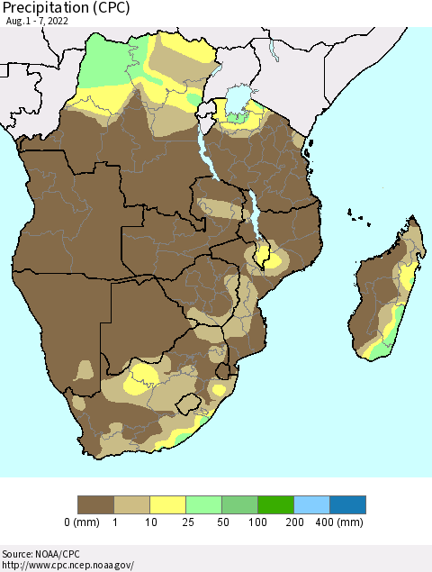 Southern Africa Precipitation (CPC) Thematic Map For 8/1/2022 - 8/7/2022