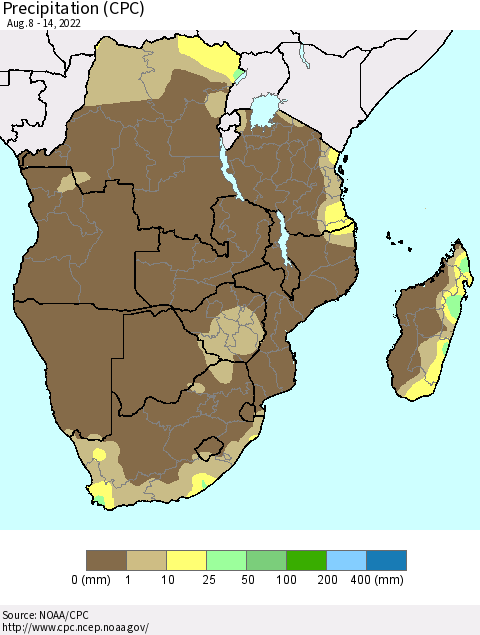 Southern Africa Precipitation (CPC) Thematic Map For 8/8/2022 - 8/14/2022