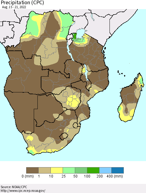 Southern Africa Precipitation (CPC) Thematic Map For 8/15/2022 - 8/21/2022