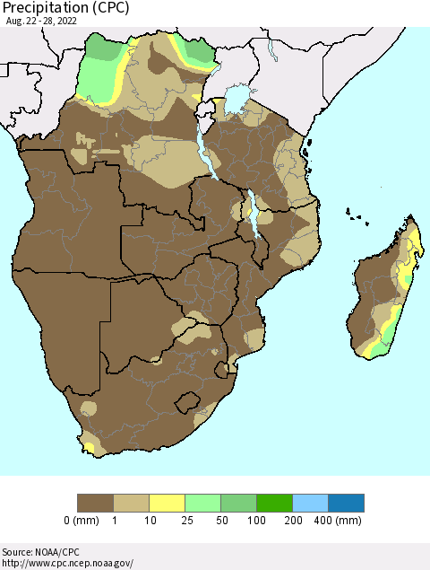 Southern Africa Precipitation (CPC) Thematic Map For 8/22/2022 - 8/28/2022