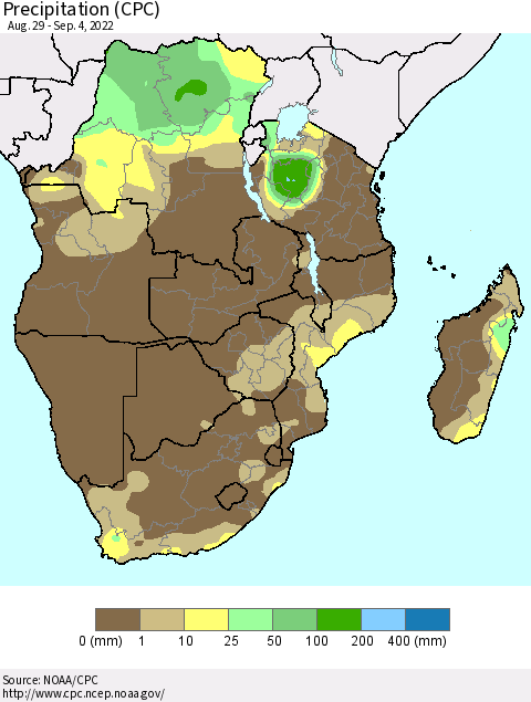 Southern Africa Precipitation (CPC) Thematic Map For 8/29/2022 - 9/4/2022