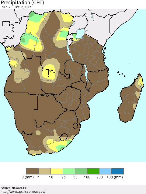 Southern Africa Precipitation (CPC) Thematic Map For 9/26/2022 - 10/2/2022