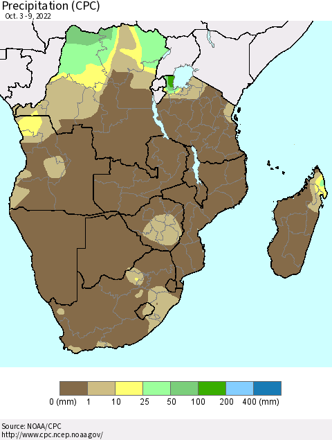 Southern Africa Precipitation (CPC) Thematic Map For 10/3/2022 - 10/9/2022