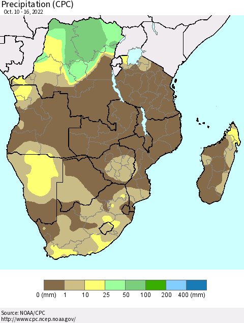 Southern Africa Precipitation (CPC) Thematic Map For 10/10/2022 - 10/16/2022