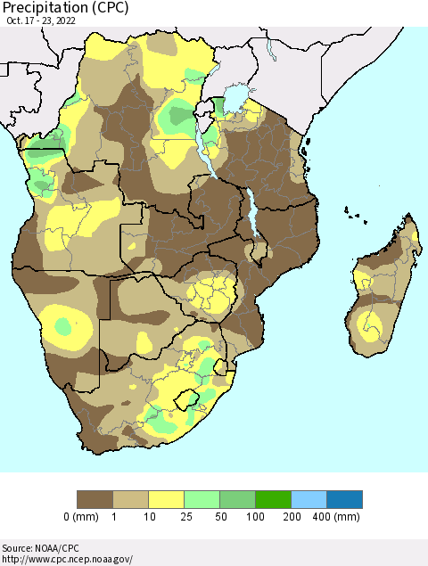 Southern Africa Precipitation (CPC) Thematic Map For 10/17/2022 - 10/23/2022