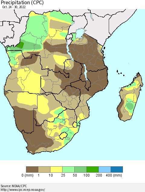 Southern Africa Precipitation (CPC) Thematic Map For 10/24/2022 - 10/30/2022