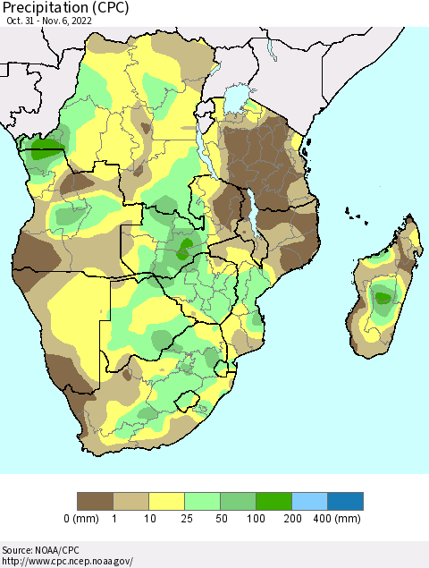 Southern Africa Precipitation (CPC) Thematic Map For 10/31/2022 - 11/6/2022