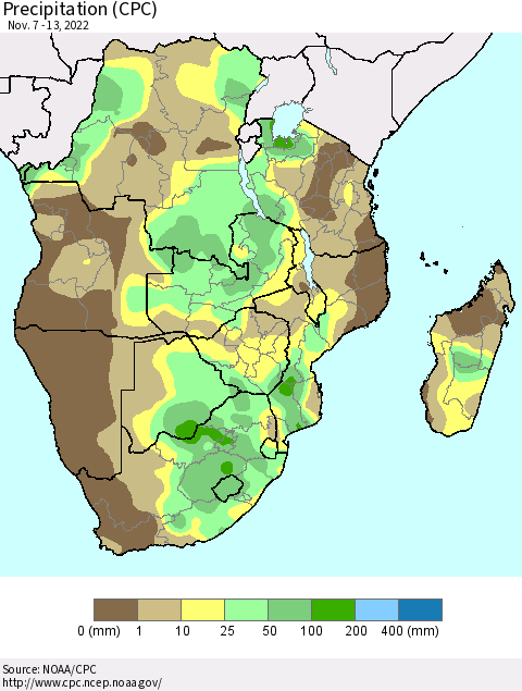 Southern Africa Precipitation (CPC) Thematic Map For 11/7/2022 - 11/13/2022