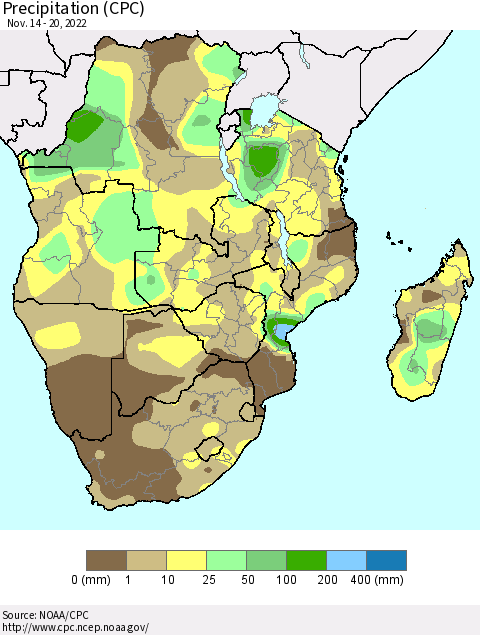 Southern Africa Precipitation (CPC) Thematic Map For 11/14/2022 - 11/20/2022