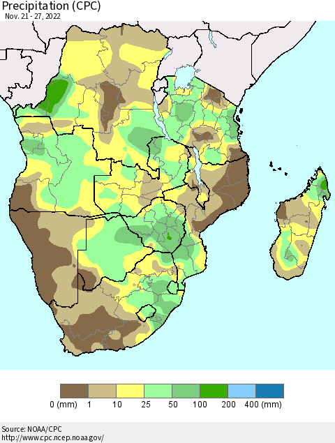 Southern Africa Precipitation (CPC) Thematic Map For 11/21/2022 - 11/27/2022