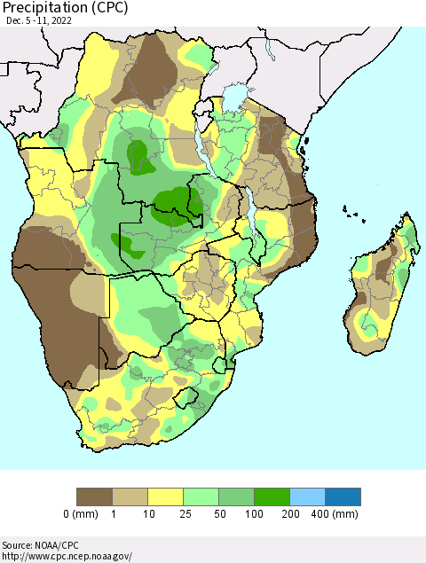 Southern Africa Precipitation (CPC) Thematic Map For 12/5/2022 - 12/11/2022