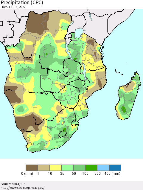 Southern Africa Precipitation (CPC) Thematic Map For 12/12/2022 - 12/18/2022