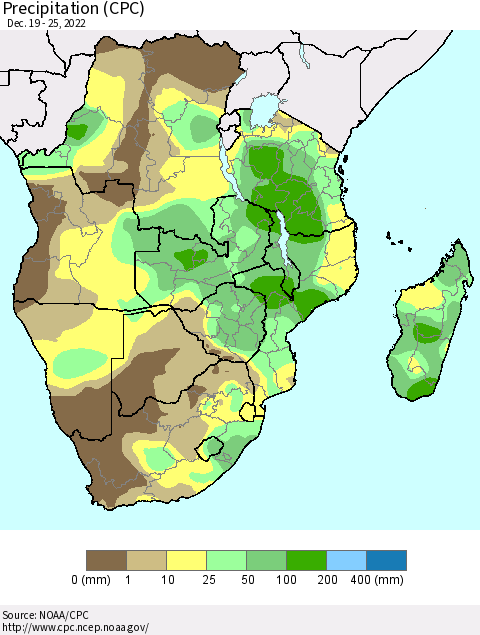 Southern Africa Precipitation (CPC) Thematic Map For 12/19/2022 - 12/25/2022