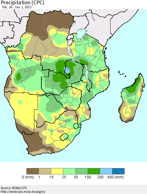 Southern Africa Precipitation (CPC) Thematic Map For 12/26/2022 - 1/1/2023
