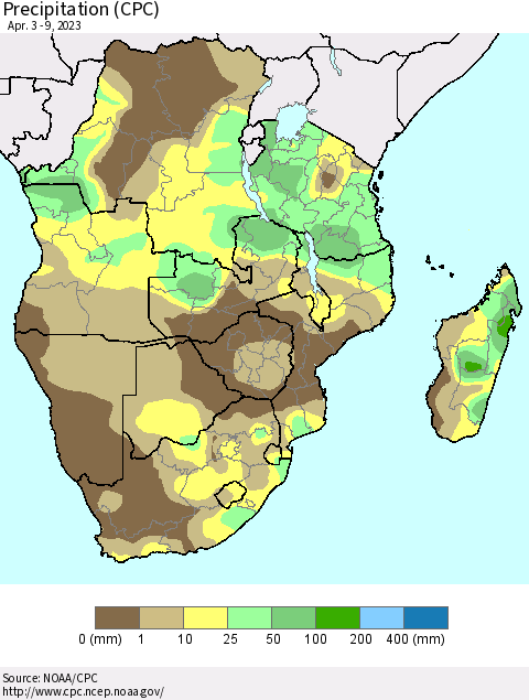 Southern Africa Precipitation (CPC) Thematic Map For 4/3/2023 - 4/9/2023