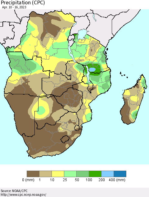Southern Africa Precipitation (CPC) Thematic Map For 4/10/2023 - 4/16/2023