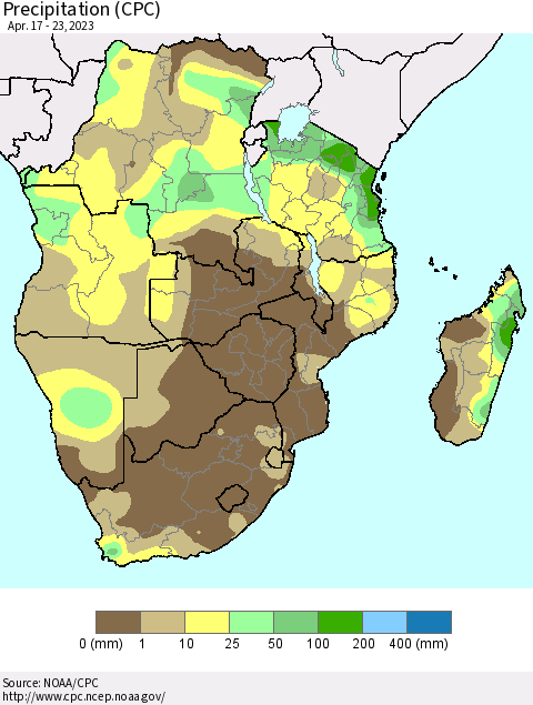 Southern Africa Precipitation (CPC) Thematic Map For 4/17/2023 - 4/23/2023