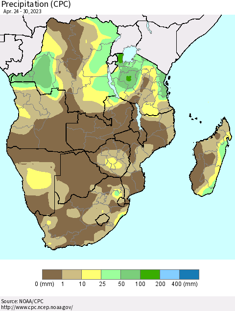 Southern Africa Precipitation (CPC) Thematic Map For 4/24/2023 - 4/30/2023