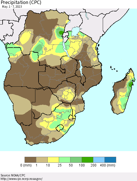 Southern Africa Precipitation (CPC) Thematic Map For 5/1/2023 - 5/7/2023