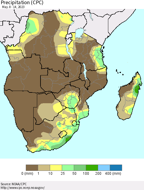 Southern Africa Precipitation (CPC) Thematic Map For 5/8/2023 - 5/14/2023