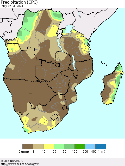 Southern Africa Precipitation (CPC) Thematic Map For 5/22/2023 - 5/28/2023