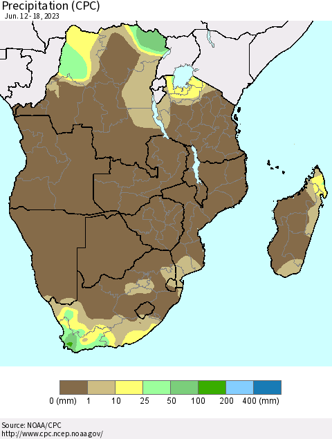 Southern Africa Precipitation (CPC) Thematic Map For 6/12/2023 - 6/18/2023