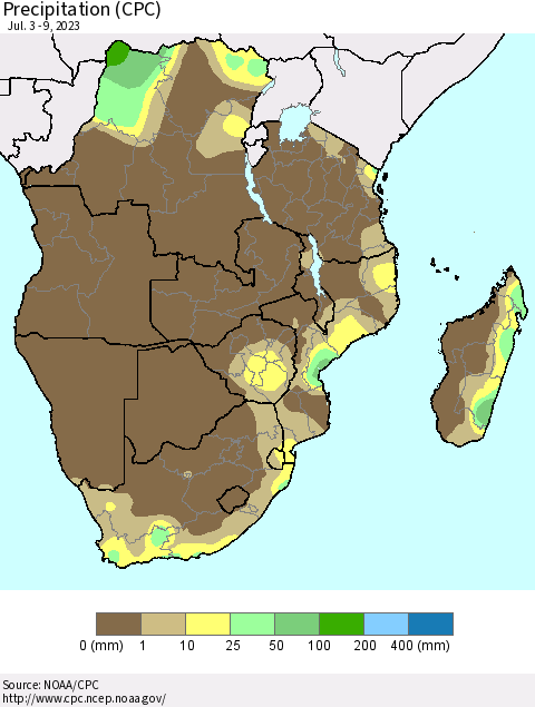 Southern Africa Precipitation (CPC) Thematic Map For 7/3/2023 - 7/9/2023